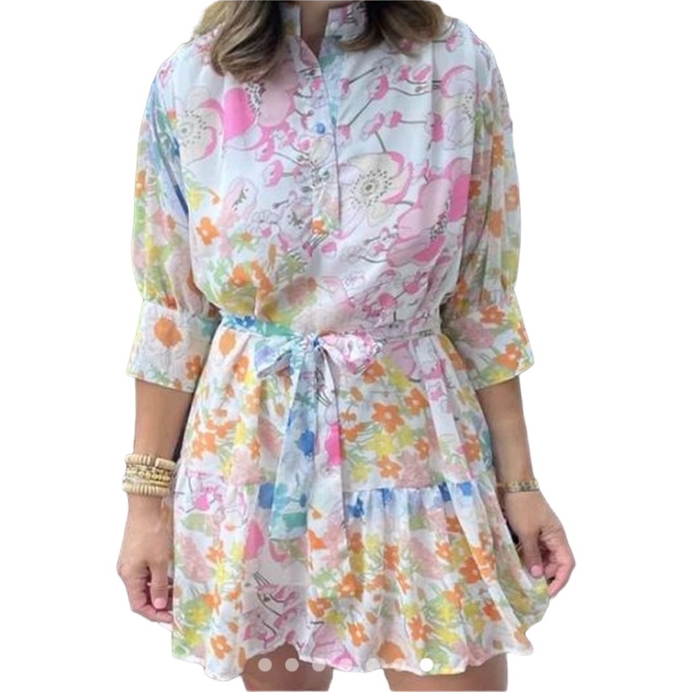White Multicolor Floral 3 Quarter Sleeve Tie Belted Half Button Up Lined Dress S